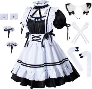 Beautifully accessorized French Maid Apron Fancy Anime Cosplay Dress with Furry Cat Ears and Satin Gloves