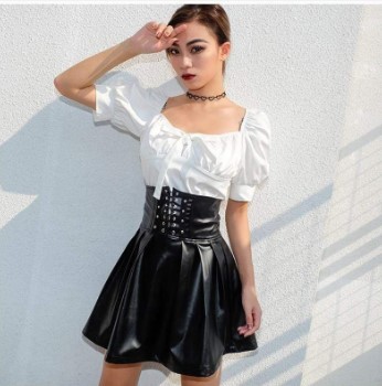 High Waisted Faux Leather Lace Up Skirt