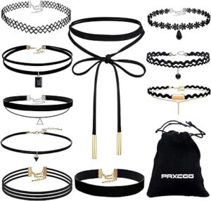 Pack of 1o Different Black Chokers with Drawstring Carrying Bag